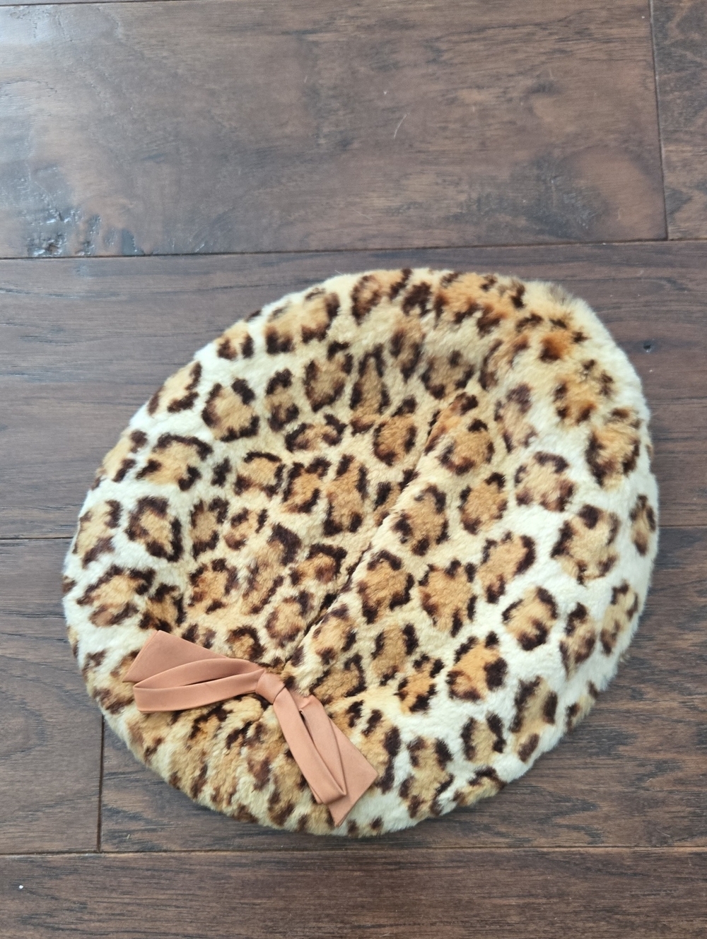 Vintage Gimbels Leopard Faux Fur Beret Hat Tan Bow 1960s Mid Century